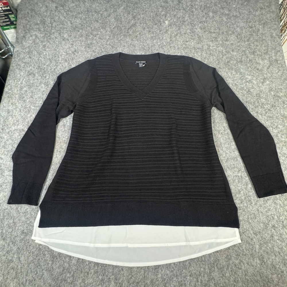 Hilary Radley Womens Black Ribbed V-Neck Mixed Media Layered Sweater XXL 1245135